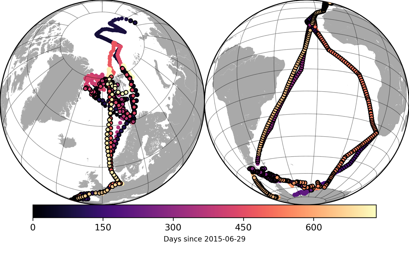 Figure 1. Location of water vapour isotopic observations recorded on-board Polarstern, from 2015-06-29 to 2017-07-01